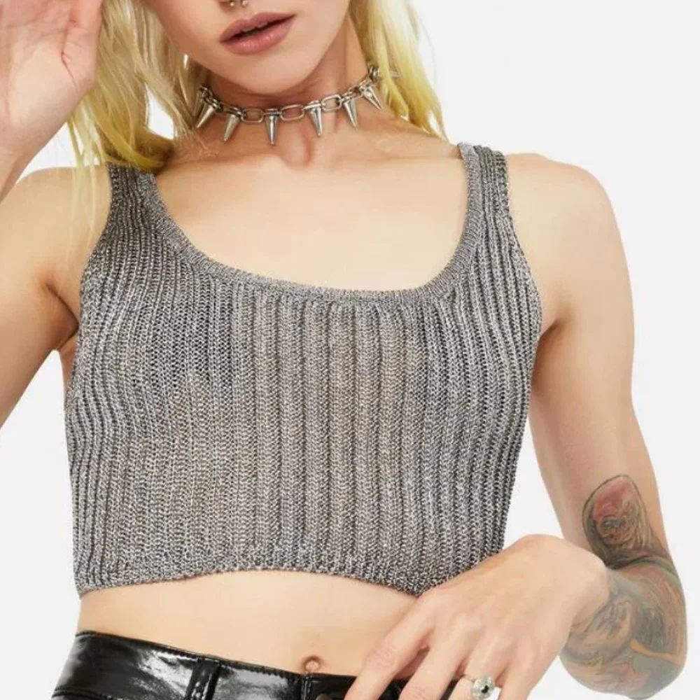 Silver Metallic Knit Cropped Tank Top - Picture 1 of 3